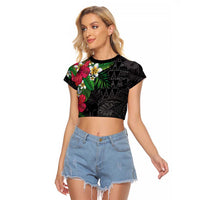 Hawaiian Tropical Plants Raglan Cropped T Shirt Kakau Tattoo and Polynesian Pattern Half Black Color