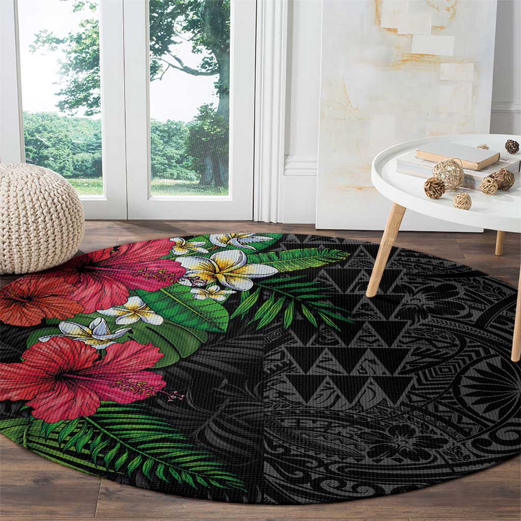 Hawaiian Tropical Plants Round Carpet Kakau Tattoo and Polynesian Pattern Half Black Color