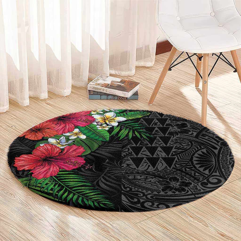 Hawaiian Tropical Plants Round Carpet Kakau Tattoo and Polynesian Pattern Half Black Color