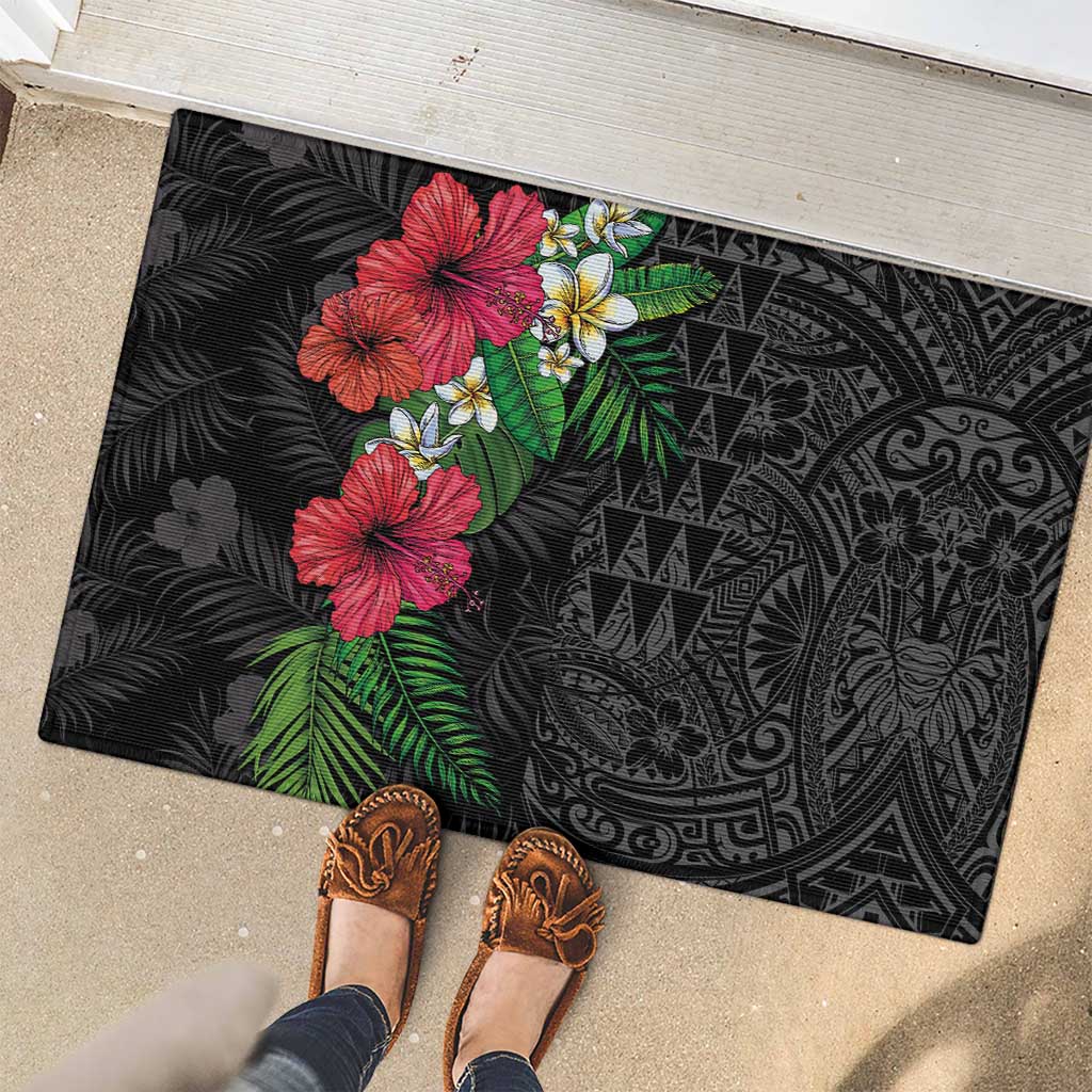Hawaiian Tropical Plants Rubber Doormat Kakau Tattoo and Polynesian Pattern Half Black Color