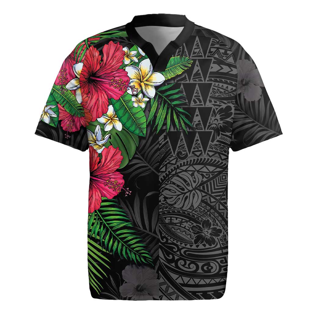 Hawaiian Tropical Plants Rugby Jersey Kakau Tattoo and Polynesian Pattern Half Black Color