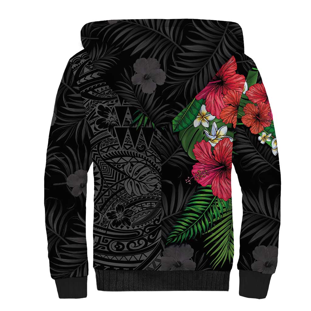 Hawaiian Tropical Plants Sherpa Hoodie Kakau Tattoo and Polynesian Pattern Half Black Color