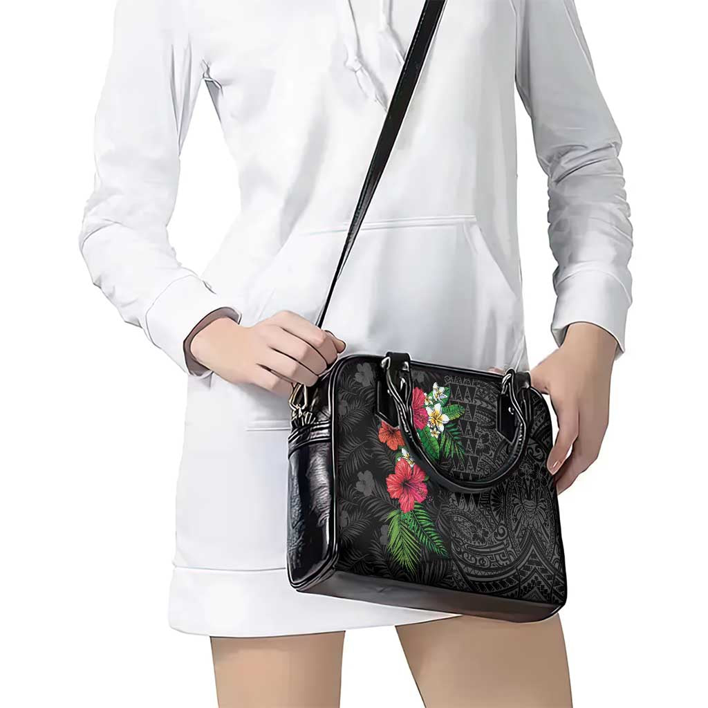 Hawaiian Tropical Plants Shoulder Handbag Kakau Tattoo and Polynesian Pattern Half Black Color