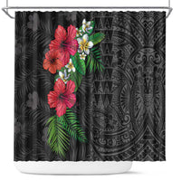 Hawaiian Tropical Plants Shower Curtain Kakau Tattoo and Polynesian Pattern Half Black Color
