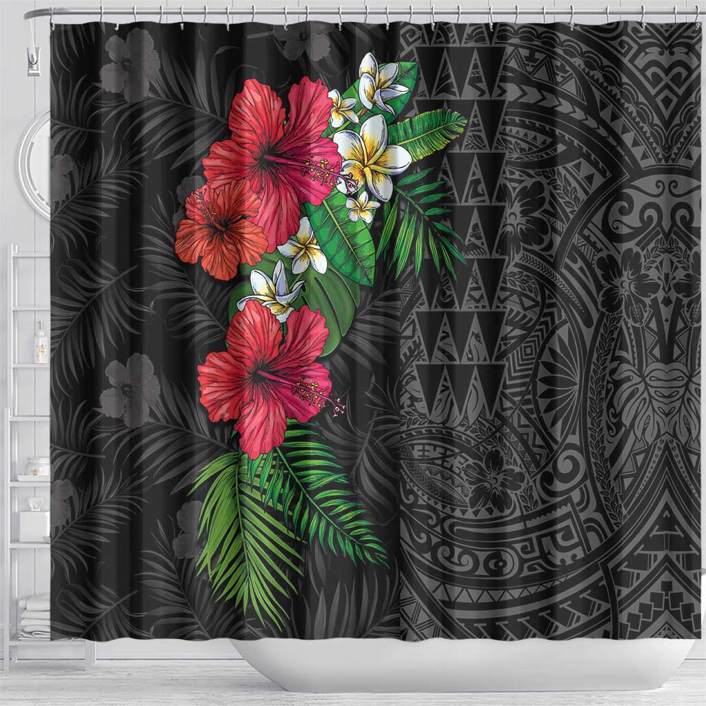 Hawaiian Tropical Plants Shower Curtain Kakau Tattoo and Polynesian Pattern Half Black Color