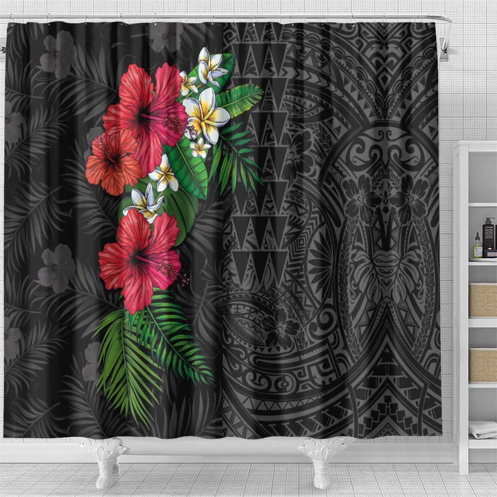 Hawaiian Tropical Plants Shower Curtain Kakau Tattoo and Polynesian Pattern Half Black Color