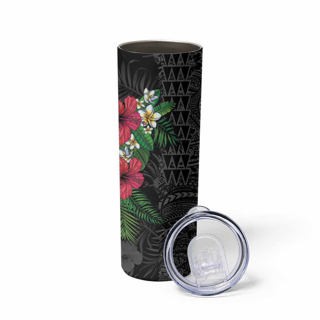 Hawaiian Tropical Plants Skinny Tumbler Kakau Tattoo and Polynesian Pattern Half Black Color