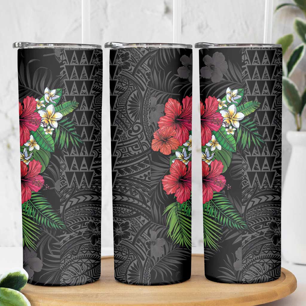 Hawaiian Tropical Plants Skinny Tumbler Kakau Tattoo and Polynesian Pattern Half Black Color