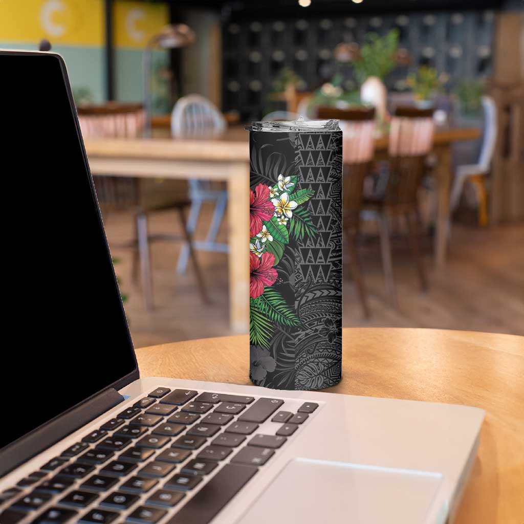 Hawaiian Tropical Plants Skinny Tumbler Kakau Tattoo and Polynesian Pattern Half Black Color