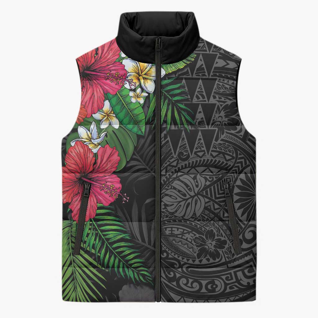 Hawaiian Tropical Plants Sleeveless Puffer Jacket Kakau Tattoo and Polynesian Pattern Half Black Color