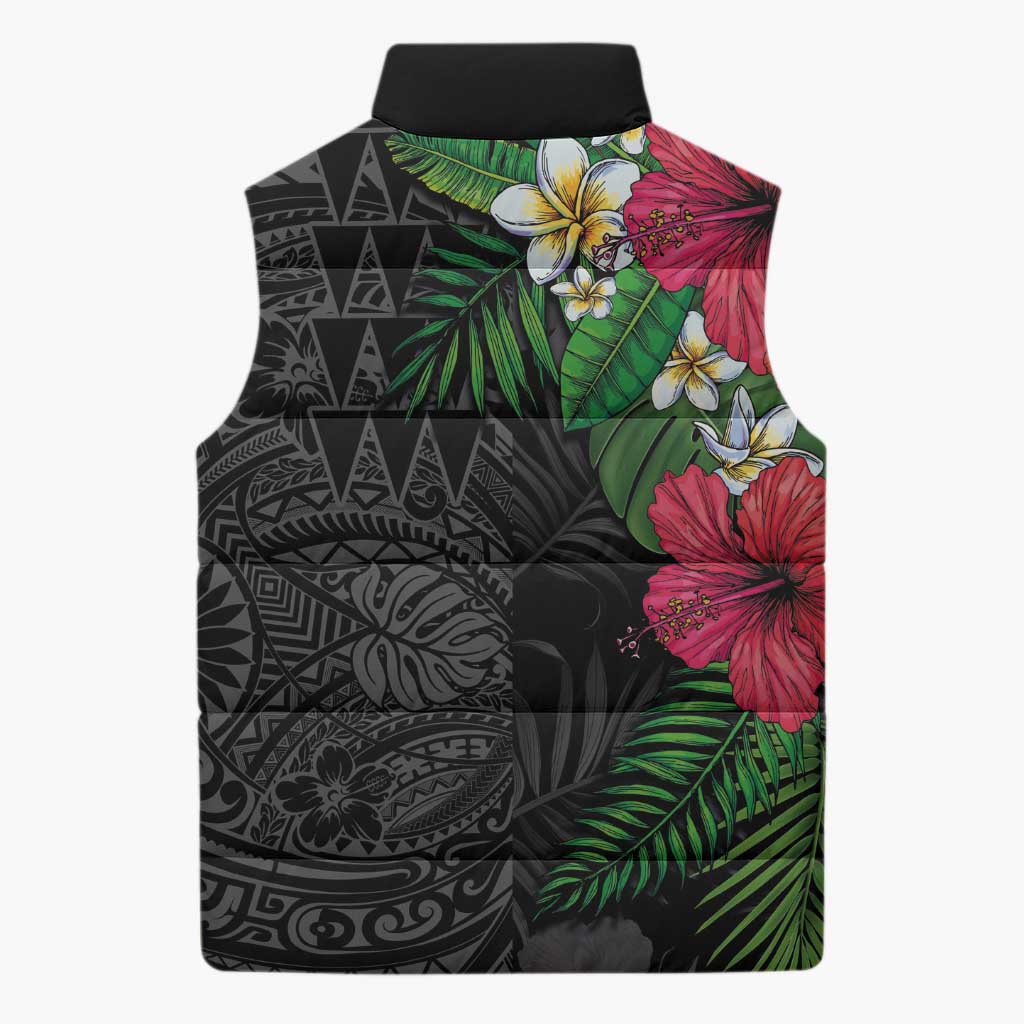 Hawaiian Tropical Plants Sleeveless Puffer Jacket Kakau Tattoo and Polynesian Pattern Half Black Color