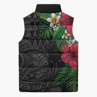 Hawaiian Tropical Plants Sleeveless Puffer Jacket Kakau Tattoo and Polynesian Pattern Half Black Color
