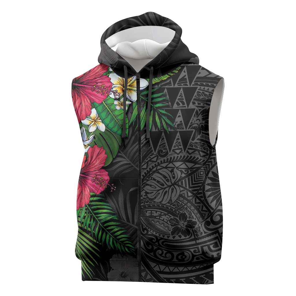 Hawaiian Tropical Plants Sleeveless Zip Hoodie Kakau Tattoo and Polynesian Pattern Half Black Color