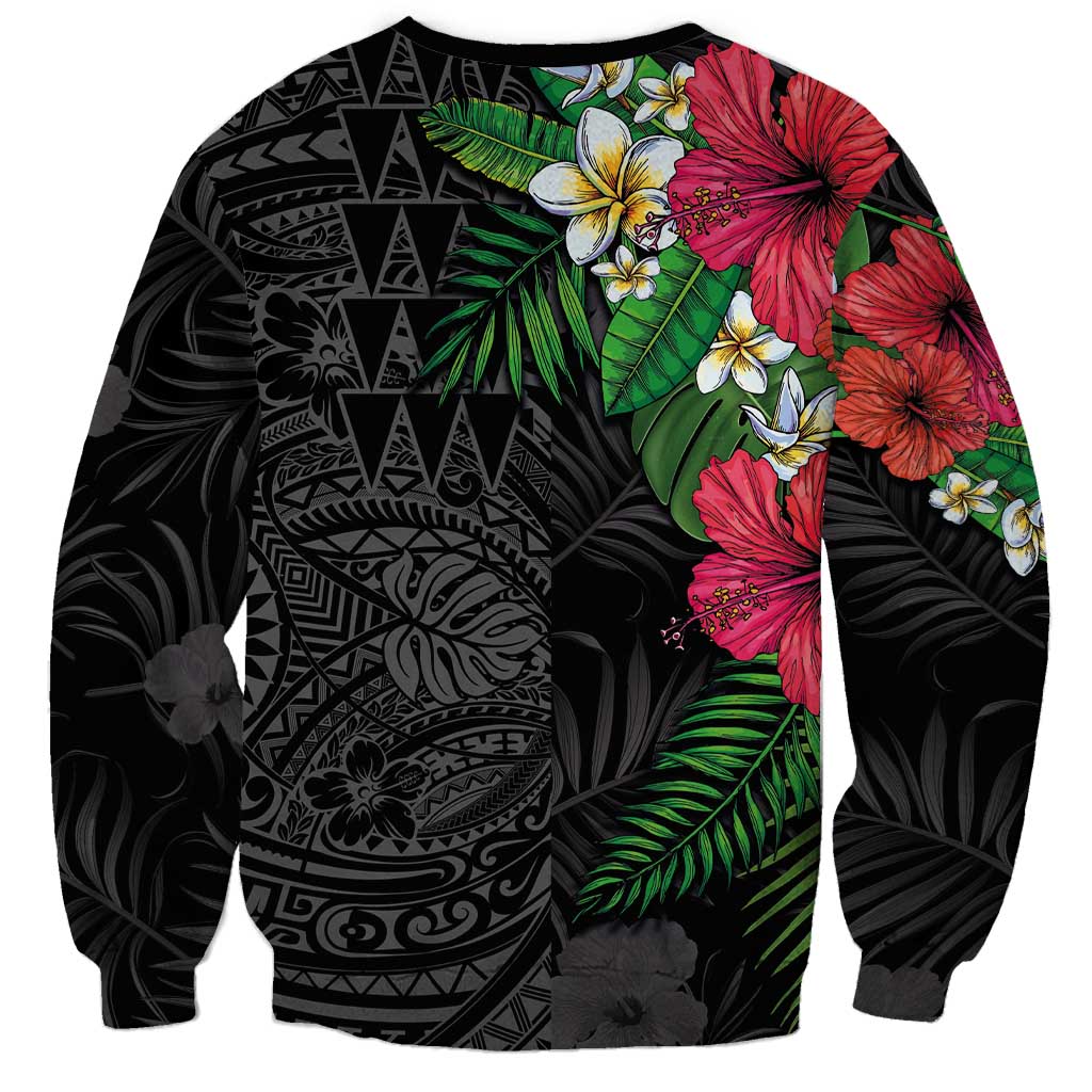 Hawaiian Tropical Plants Sweatshirt Kakau Tattoo and Polynesian Pattern Half Black Color