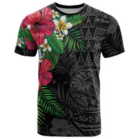 Hawaiian Tropical Plants T Shirt Kakau Tattoo and Polynesian Pattern Half Black Color