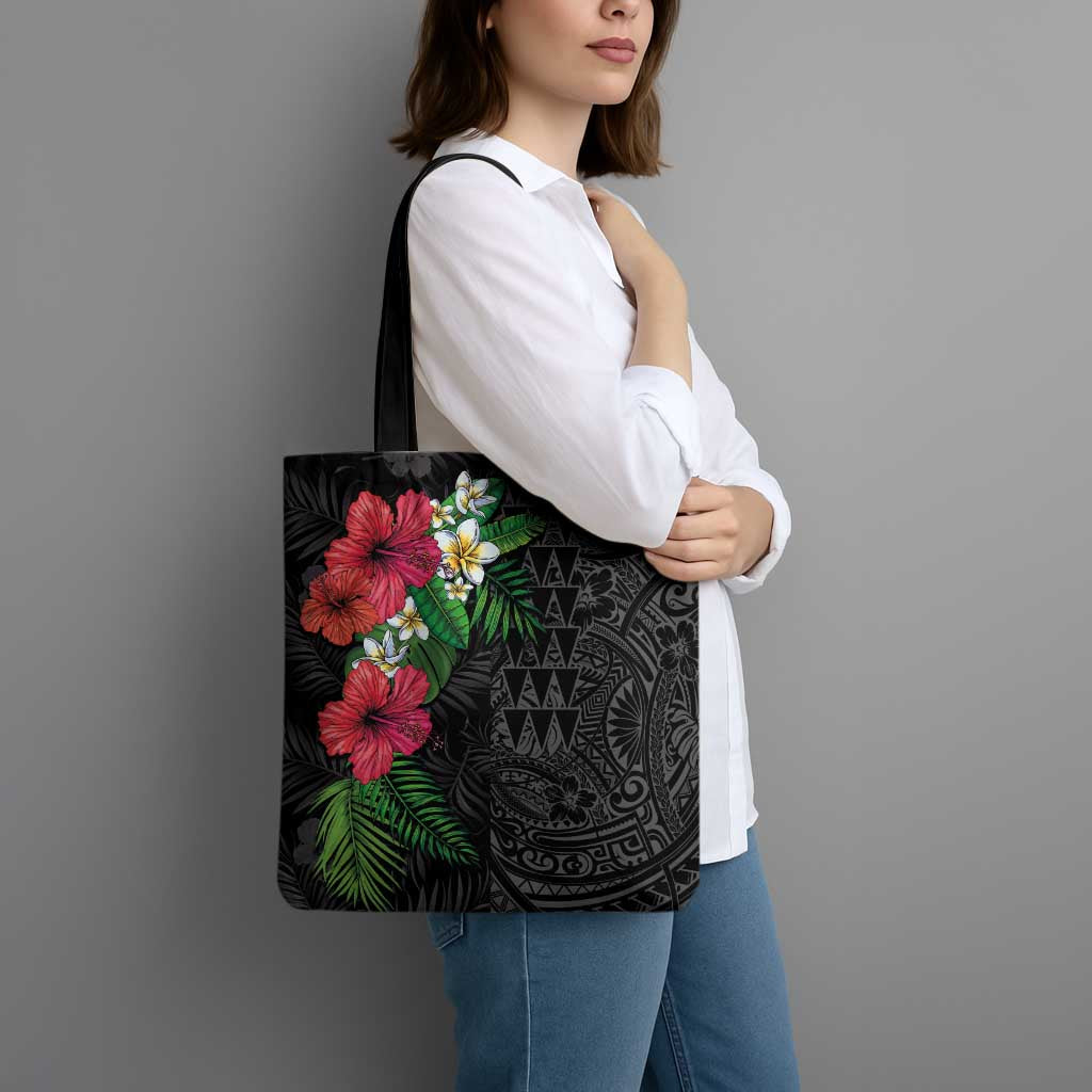 Hawaiian Tropical Plants Tote Bag Kakau Tattoo and Polynesian Pattern Half Black Color