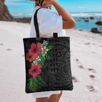 Hawaiian Tropical Plants Tote Bag Kakau Tattoo and Polynesian Pattern Half Black Color
