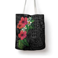 Hawaiian Tropical Plants Tote Bag Kakau Tattoo and Polynesian Pattern Half Black Color