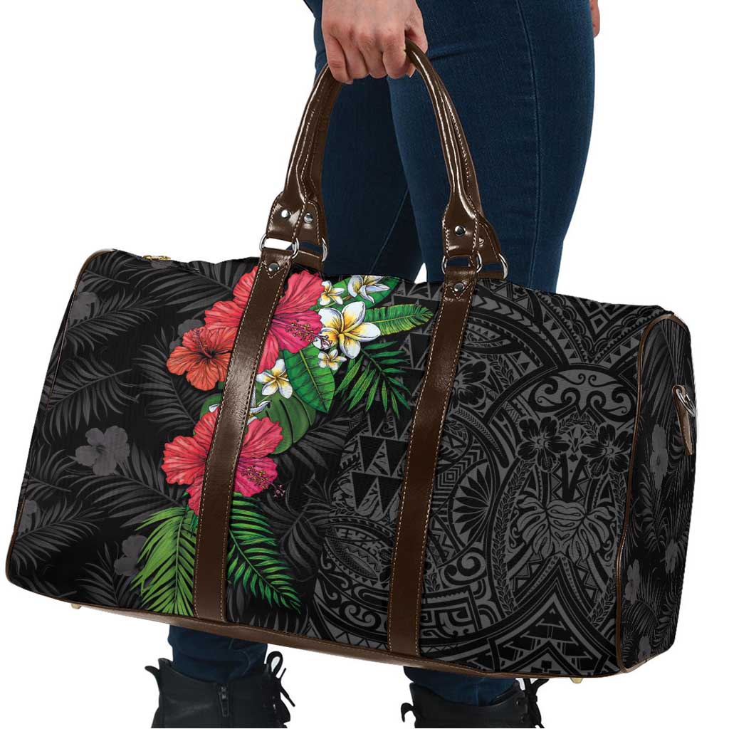 Hawaiian Tropical Plants Travel Bag Kakau Tattoo and Polynesian Pattern Half Black Color