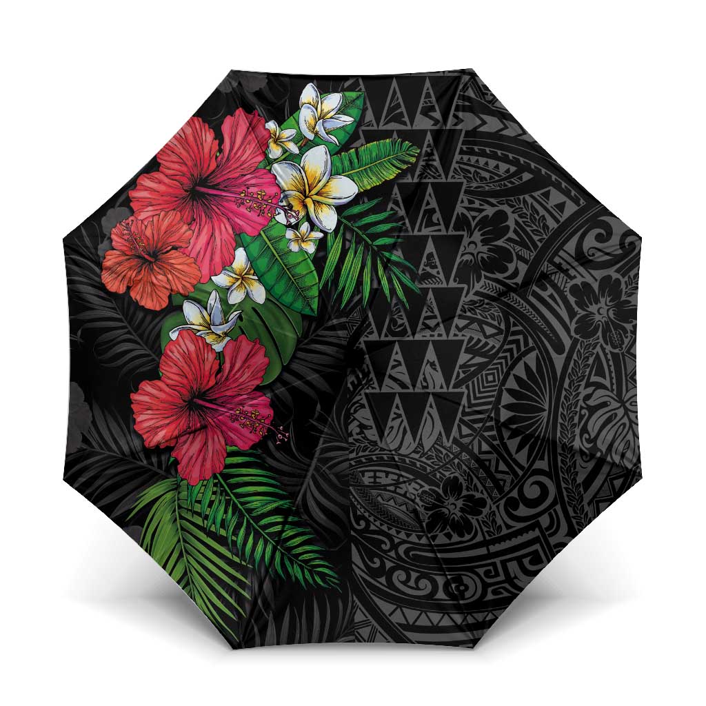 Hawaiian Tropical Plants Umbrella Kakau Tattoo and Polynesian Pattern Half Black Color