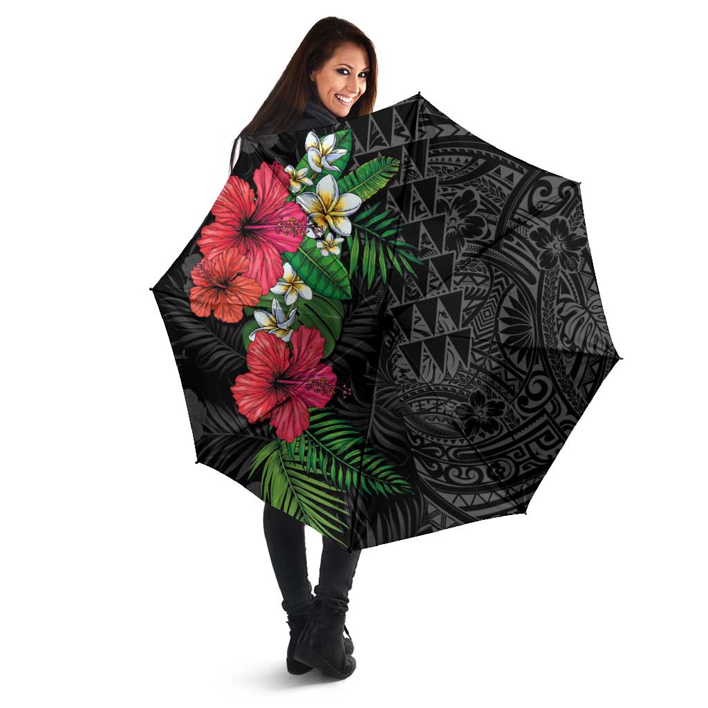 Hawaiian Tropical Plants Umbrella Kakau Tattoo and Polynesian Pattern Half Black Color