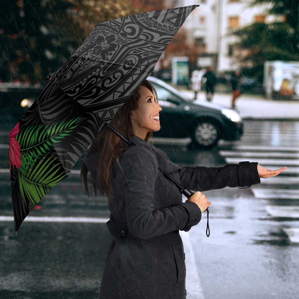 Hawaiian Tropical Plants Umbrella Kakau Tattoo and Polynesian Pattern Half Black Color