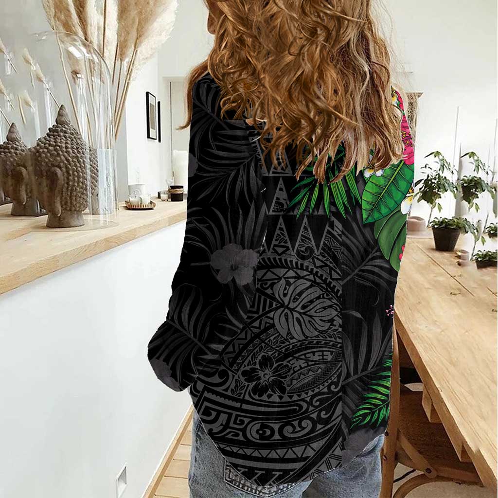 Hawaiian Tropical Plants Women Casual Shirt Kakau Tattoo and Polynesian Pattern Half Black Color