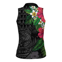 Hawaiian Tropical Plants Women Sleeveless Polo Shirt Kakau Tattoo and Polynesian Pattern Half Black Color