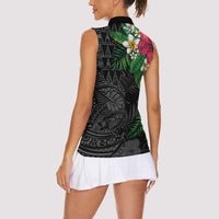 Hawaiian Tropical Plants Women Sleeveless Polo Shirt Kakau Tattoo and Polynesian Pattern Half Black Color