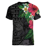 Hawaiian Tropical Plants Women V-Neck T-Shirt Kakau Tattoo and Polynesian Pattern Half Black Color