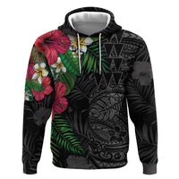 Hawaiian Tropical Plants Zip Hoodie Kakau Tattoo and Polynesian Pattern Half Black Color