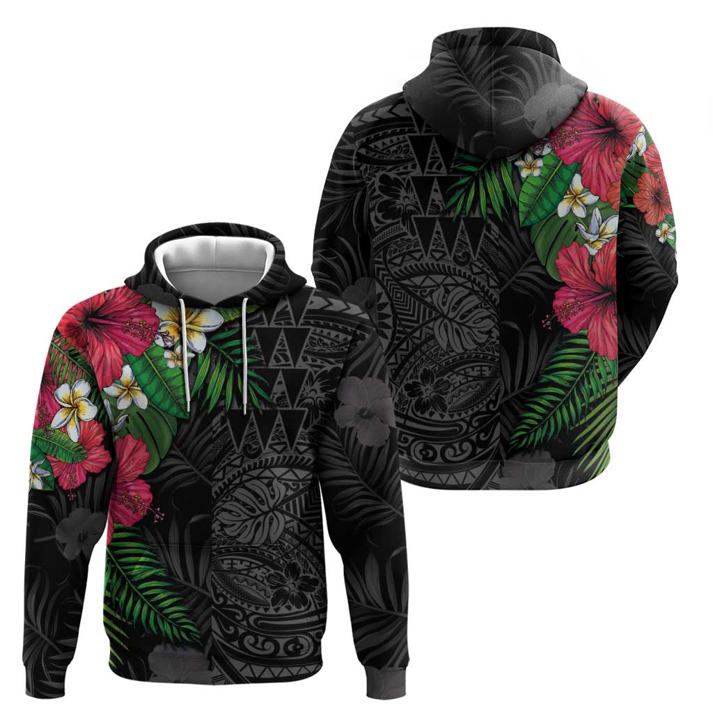 Hawaiian Tropical Plants Zip Hoodie Kakau Tattoo and Polynesian Pattern Half Black Color