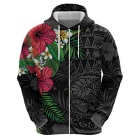 Hawaiian Tropical Plants Zip Hoodie Kakau Tattoo and Polynesian Pattern Half Black Color