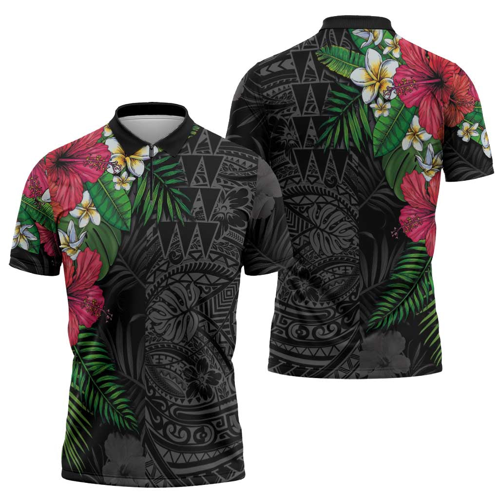 Hawaiian Tropical Plants Zipper Polo Shirt Kakau Tattoo and Polynesian Pattern Half Black Color