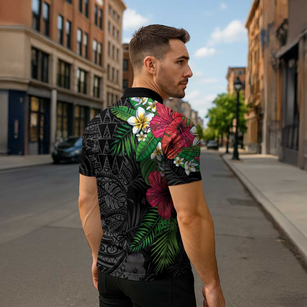 Hawaiian Tropical Plants Zipper Polo Shirt Kakau Tattoo and Polynesian Pattern Half Black Color