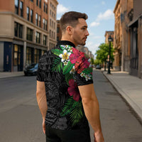 Hawaiian Tropical Plants Zipper Polo Shirt Kakau Tattoo and Polynesian Pattern Half Black Color