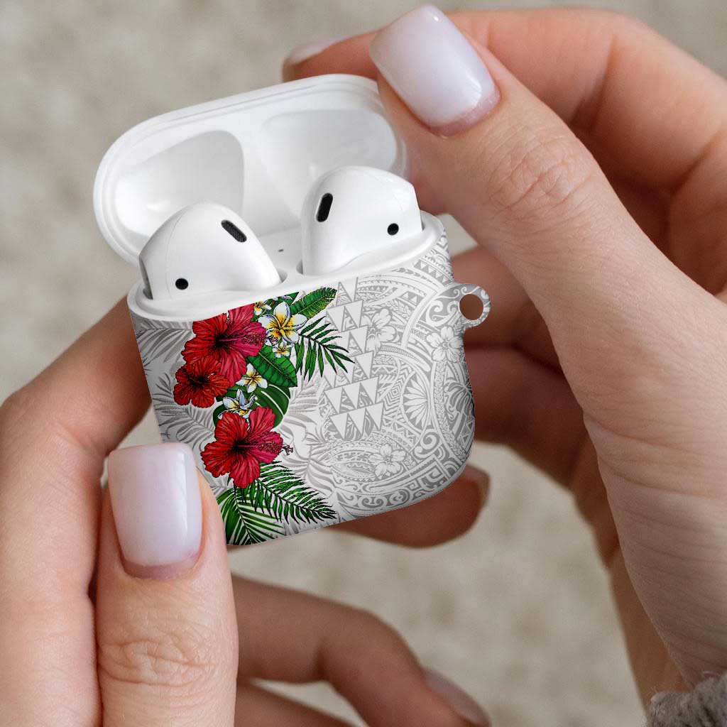 Hawaiian Tropical Plants AirPods Case Kakau Tattoo and Polynesian Pattern Half White Color