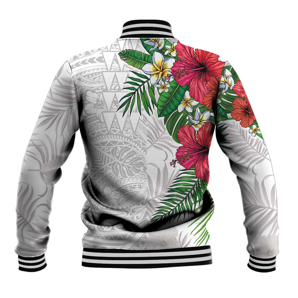 Hawaiian Tropical Plants Baseball Jacket Kakau Tattoo and Polynesian Pattern Half White Color