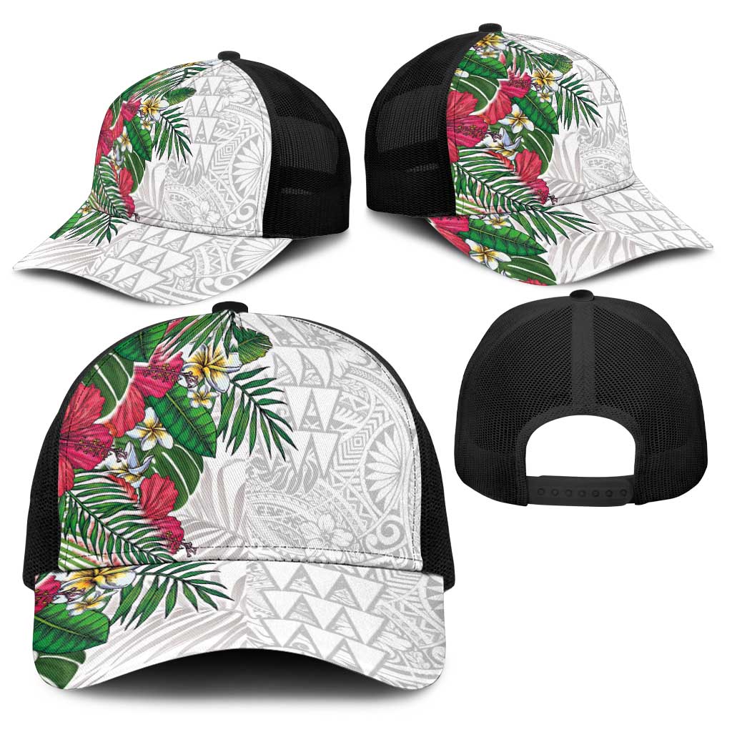 Hawaiian Tropical Plants Baseball Net Cap Kakau Tattoo and Polynesian Pattern Half Black White