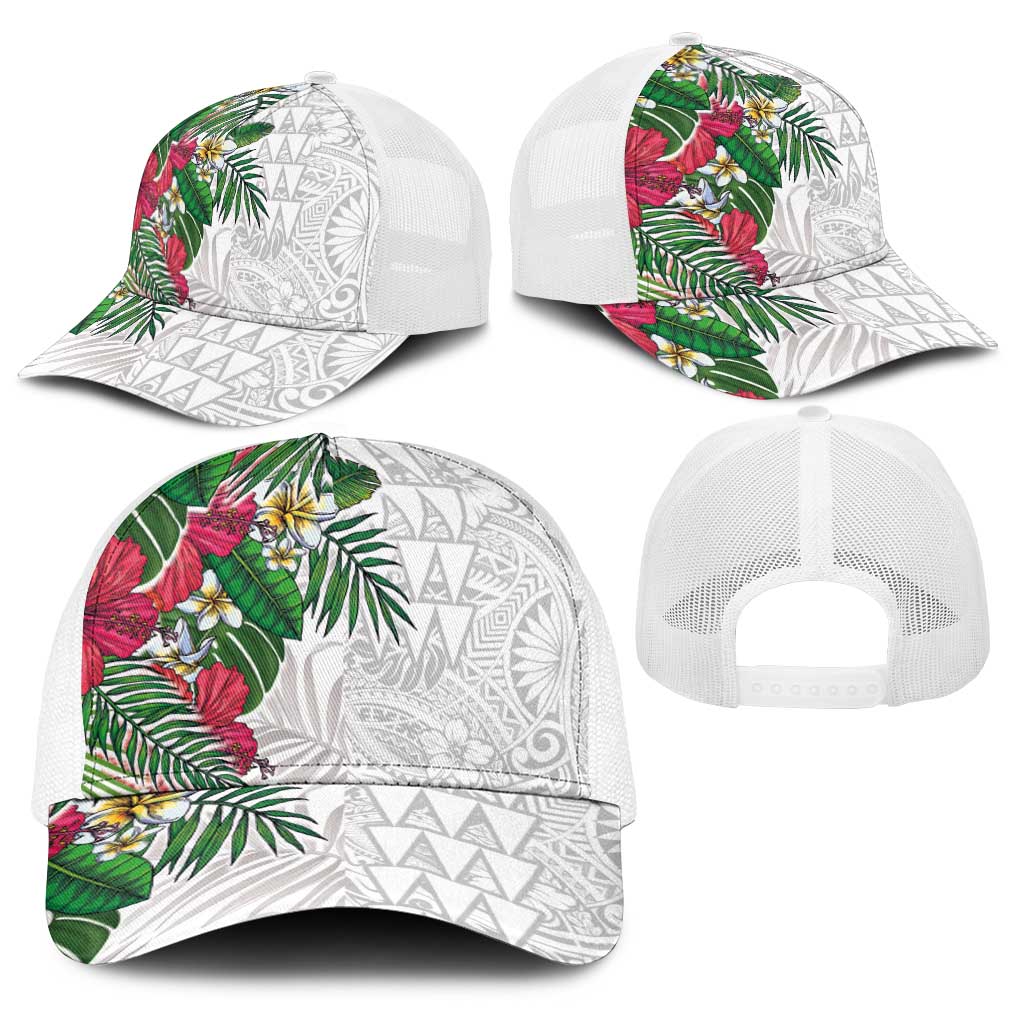 Hawaiian Tropical Plants Baseball Net Cap Kakau Tattoo and Polynesian Pattern Half Black White