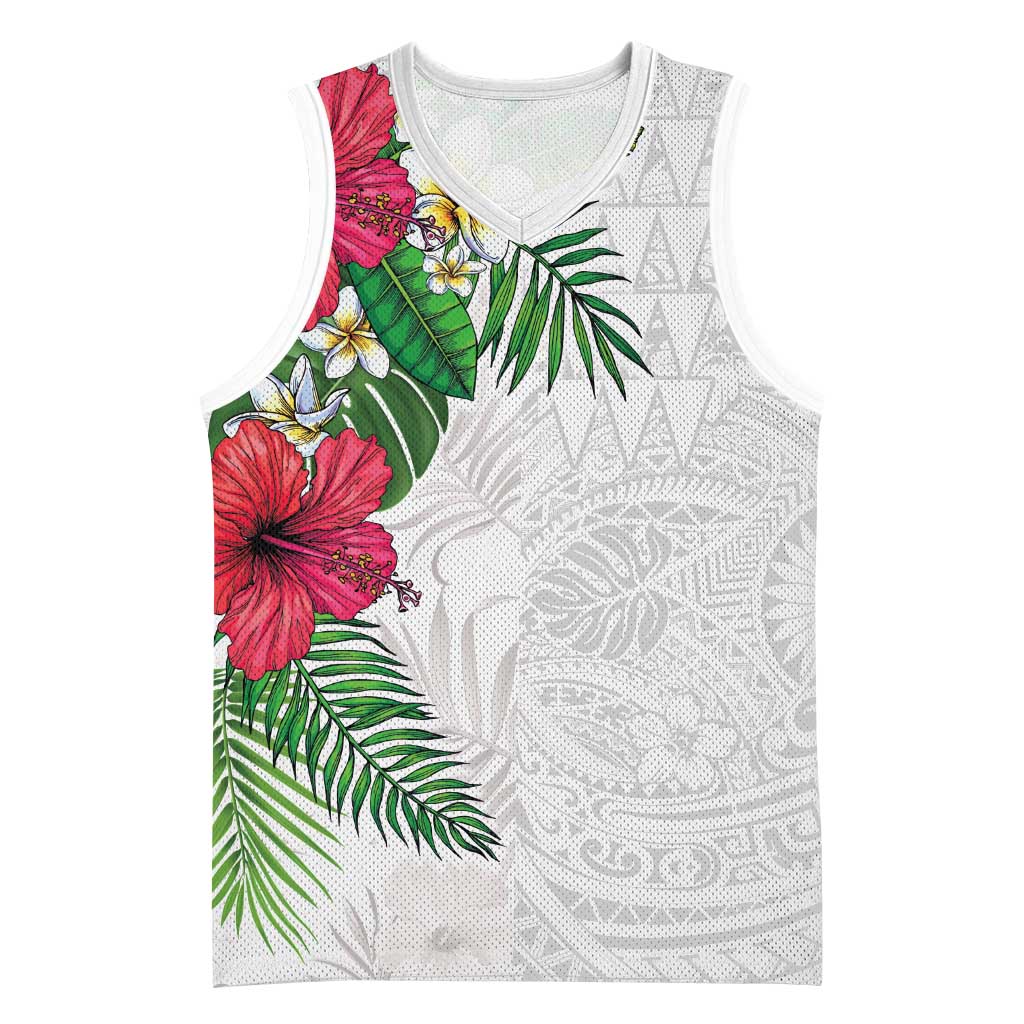 Hawaiian Tropical Plants Basketball Jersey Kakau Tattoo and Polynesian Pattern Half White Color
