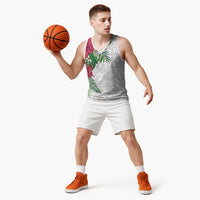 Hawaiian Tropical Plants Basketball Jersey Kakau Tattoo and Polynesian Pattern Half White Color
