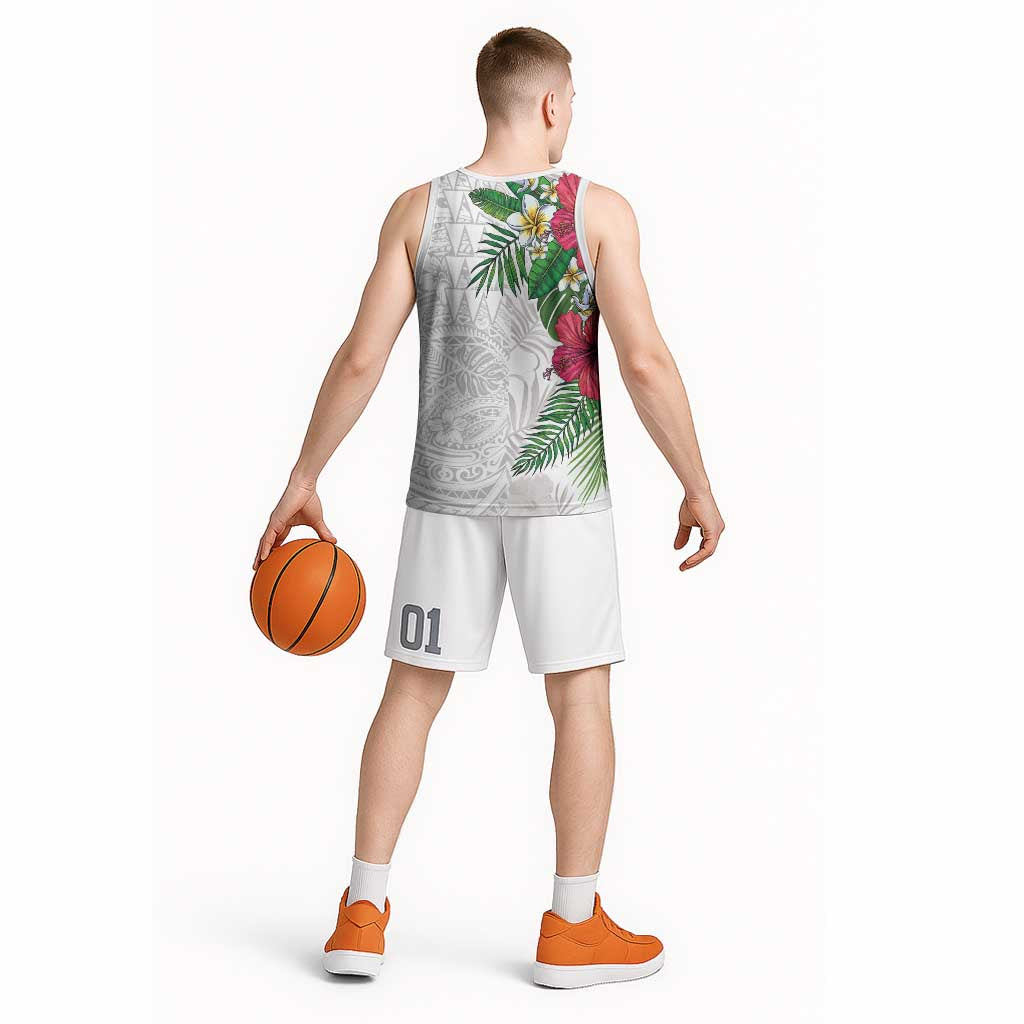 Hawaiian Tropical Plants Basketball Jersey Kakau Tattoo and Polynesian Pattern Half White Color