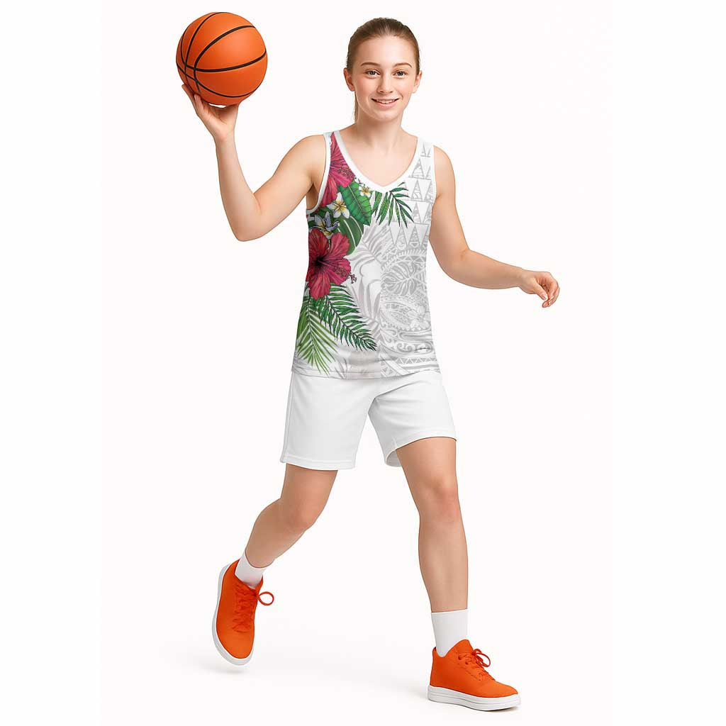 Hawaiian Tropical Plants Basketball Jersey Kakau Tattoo and Polynesian Pattern Half White Color