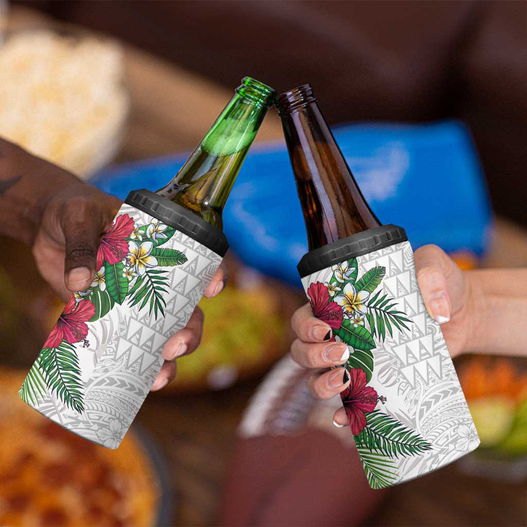 Hawaiian Tropical Plants 4 in 1 Can Cooler Tumbler Kakau Tattoo and Polynesian Pattern Half White Color
