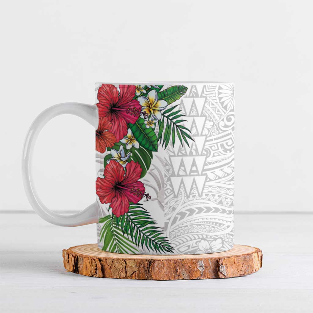 Hawaiian Tropical Plants Ceramic Mug Kakau Tattoo and Polynesian Pattern Half White Color