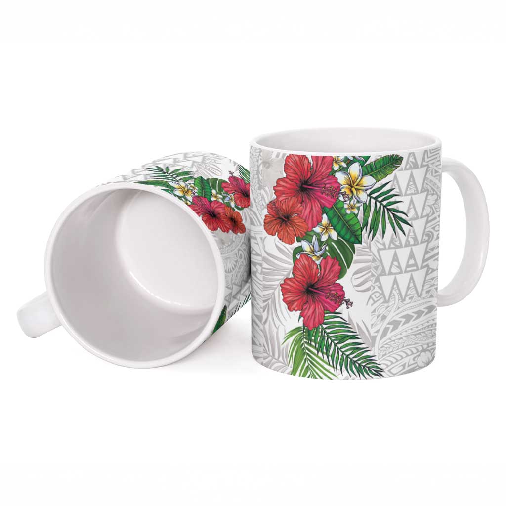 Hawaiian Tropical Plants Ceramic Mug Kakau Tattoo and Polynesian Pattern Half White Color