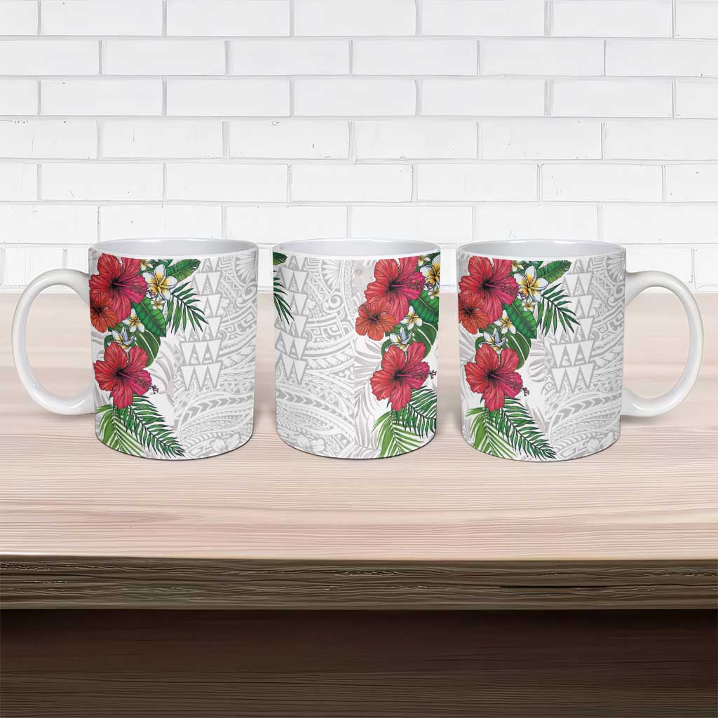 Hawaiian Tropical Plants Ceramic Mug Kakau Tattoo and Polynesian Pattern Half White Color