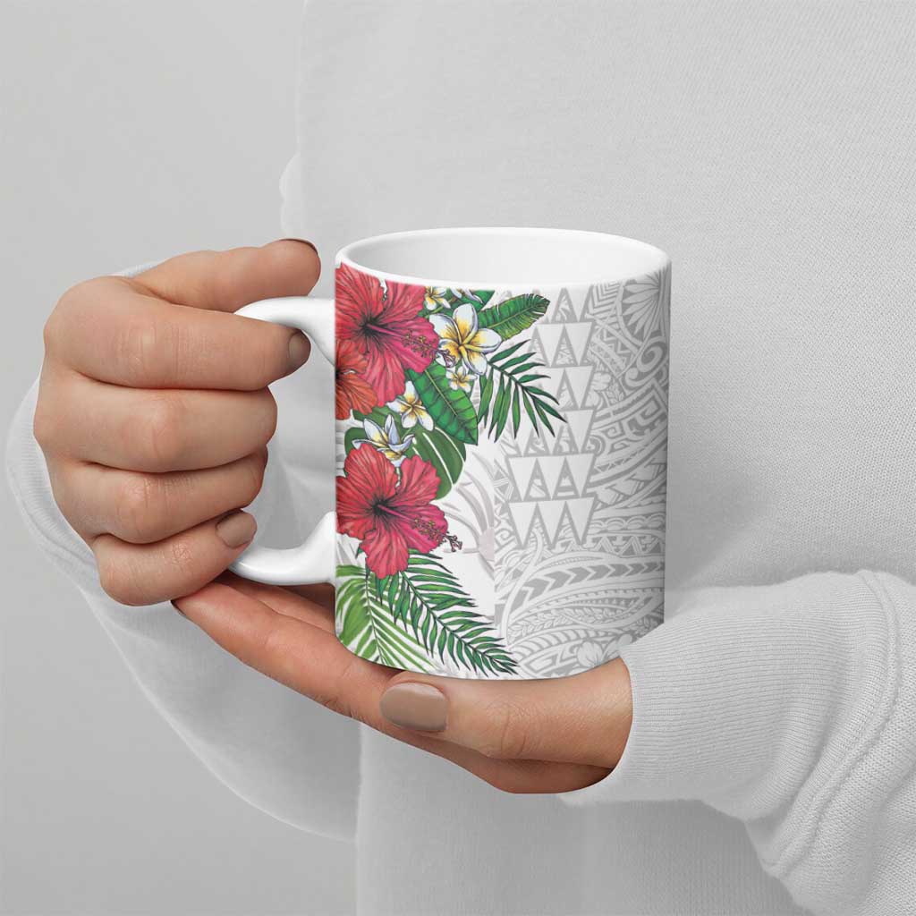 Hawaiian Tropical Plants Ceramic Mug Kakau Tattoo and Polynesian Pattern Half White Color
