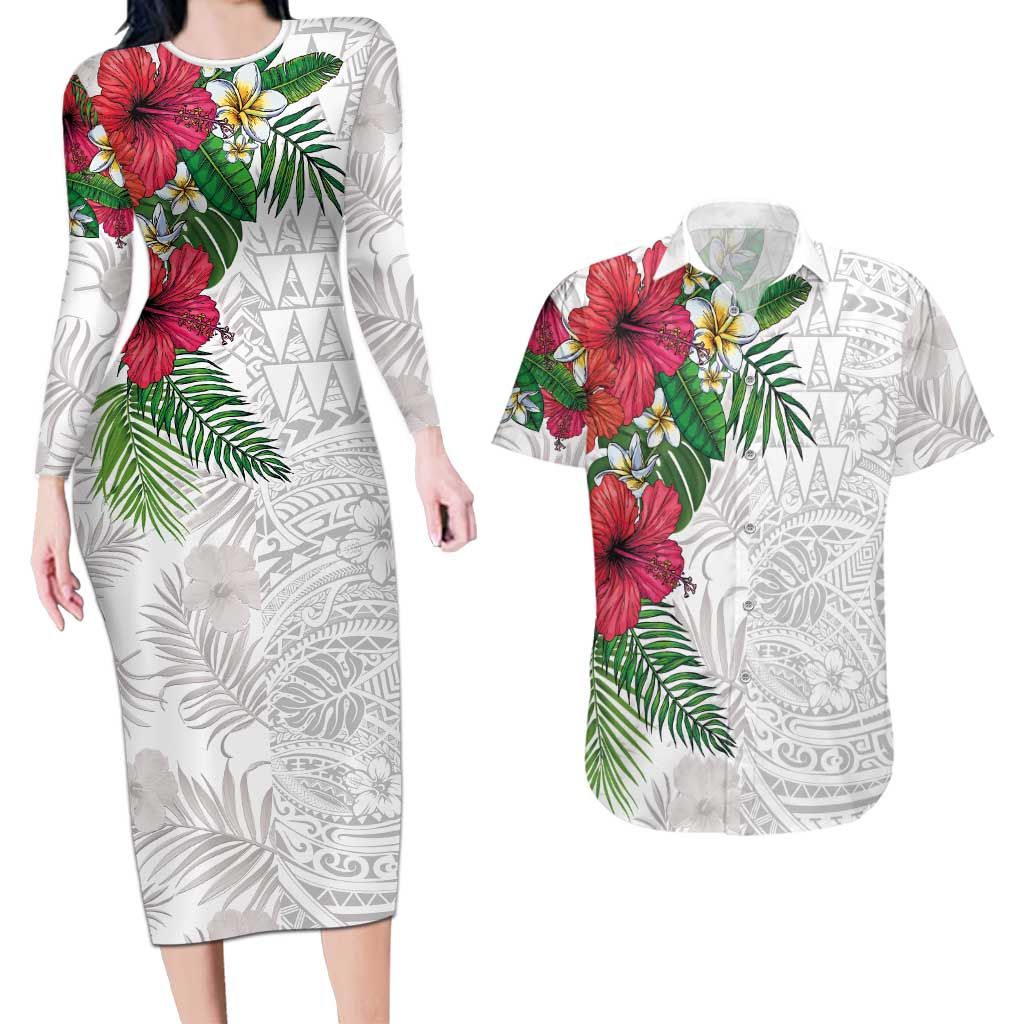 Hawaiian Tropical Plants Couples Matching Long Sleeve Bodycon Dress and Hawaiian Shirt Kakau Tattoo and Polynesian Pattern Half White Color LT03 White - Polynesian Pride